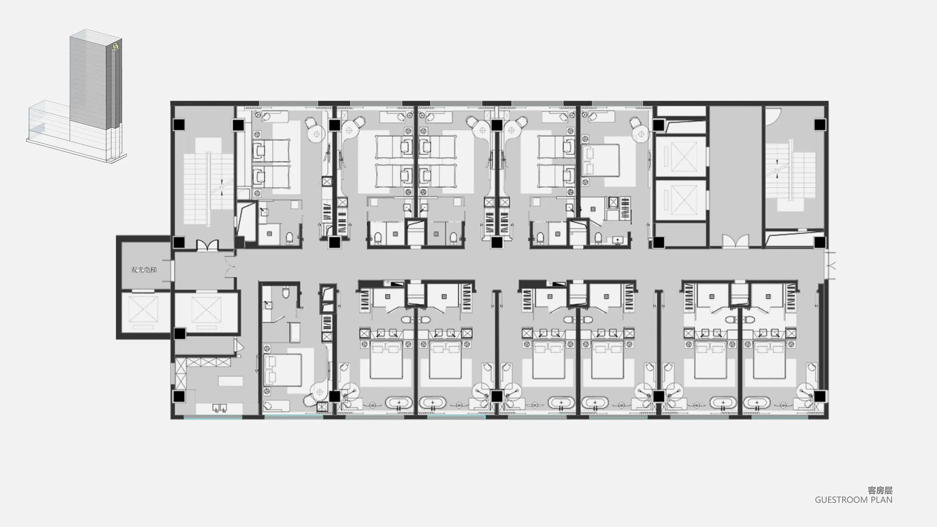 公寓式酒店平面圖，展示客房與公共區域。