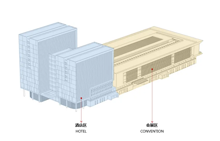 現代飯店與會議中心的 3D 渲染圖，外觀採用玻璃與混凝土材質。