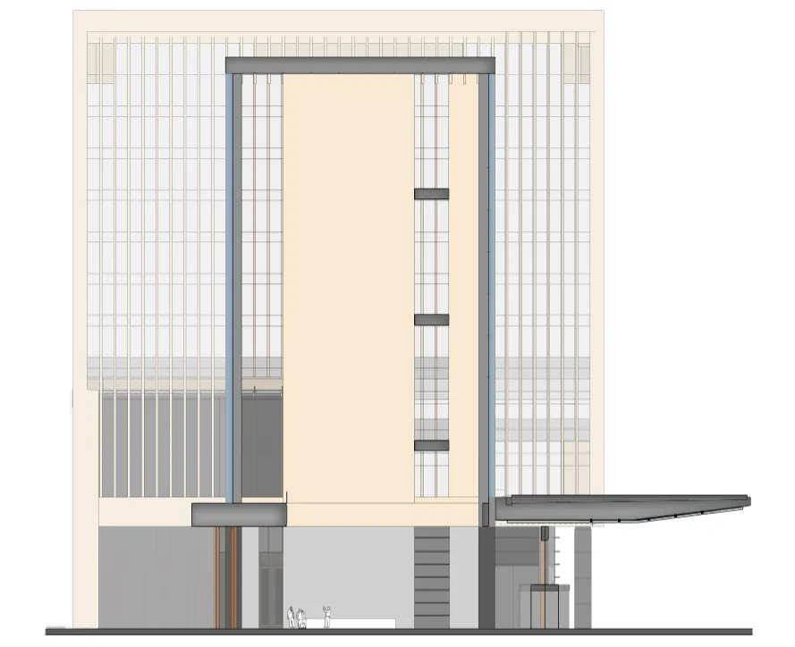 Cross-section of a modern building with a glass facade.