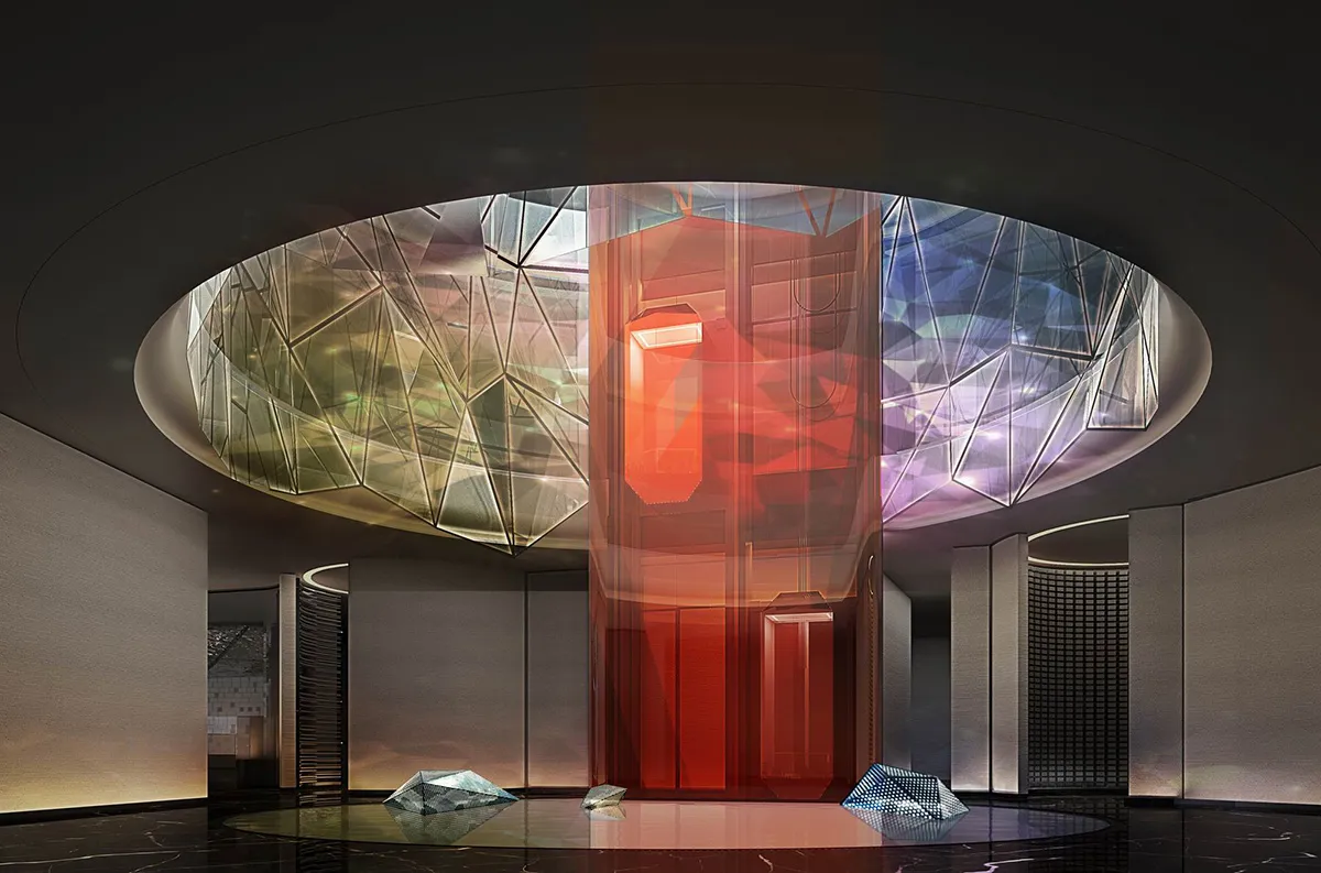 Modern glass lobby interior with geometric shapes and colorful lights.