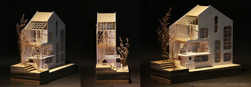 Three views of a modern architectural model made of cardboard.