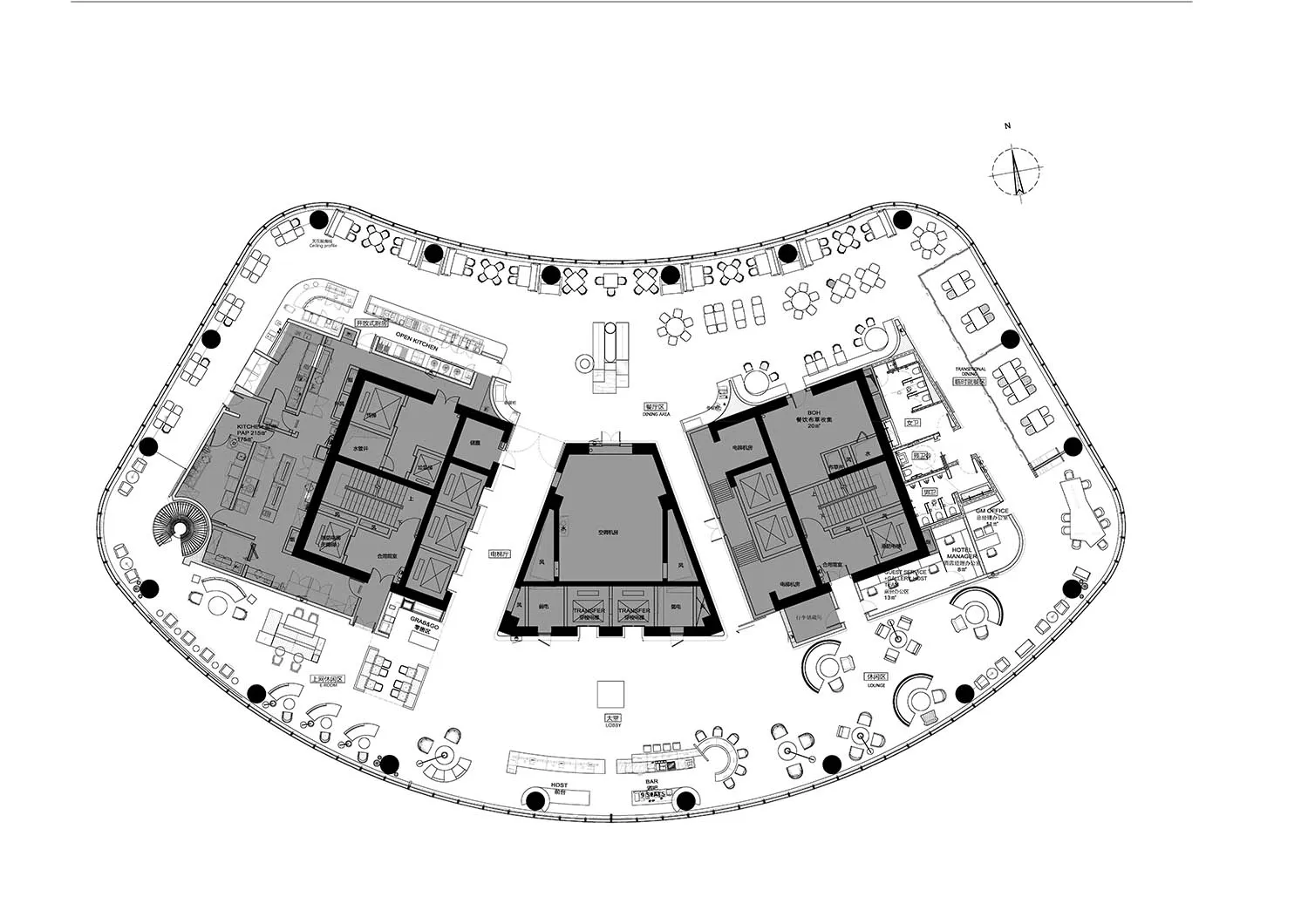 餐廳平面圖,展示用餐區、廚房空間與行政辦公室。