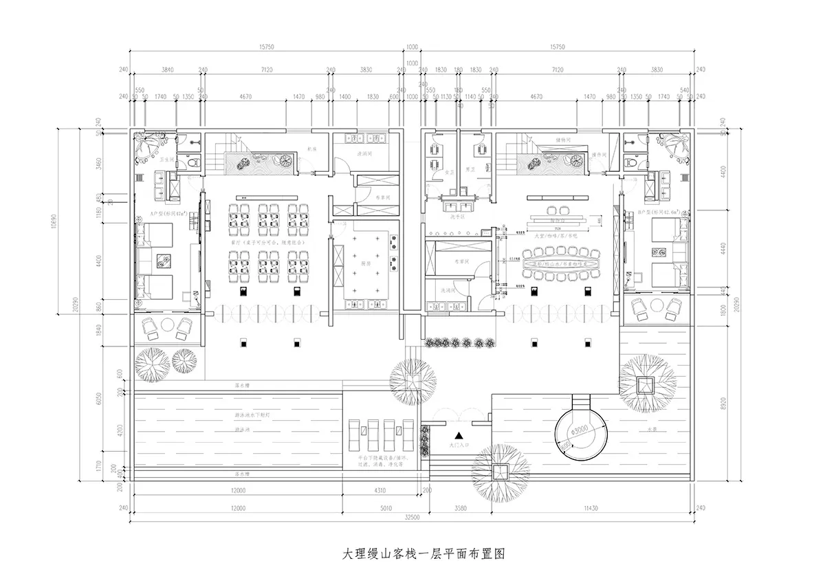 2D architectural drawing of a spa resort floor plan with various rooms and functional zones.