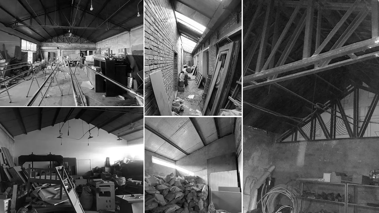 Construction site with exposed concrete, brick, and wooden materials.