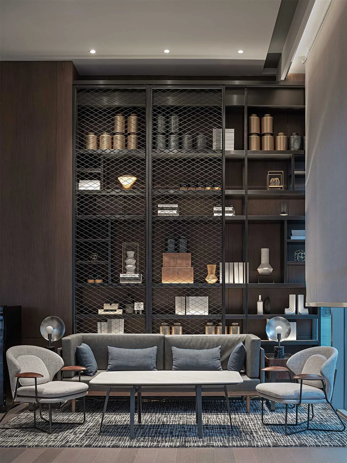 Modern lobby with metal shelving and lighting fixtures.
