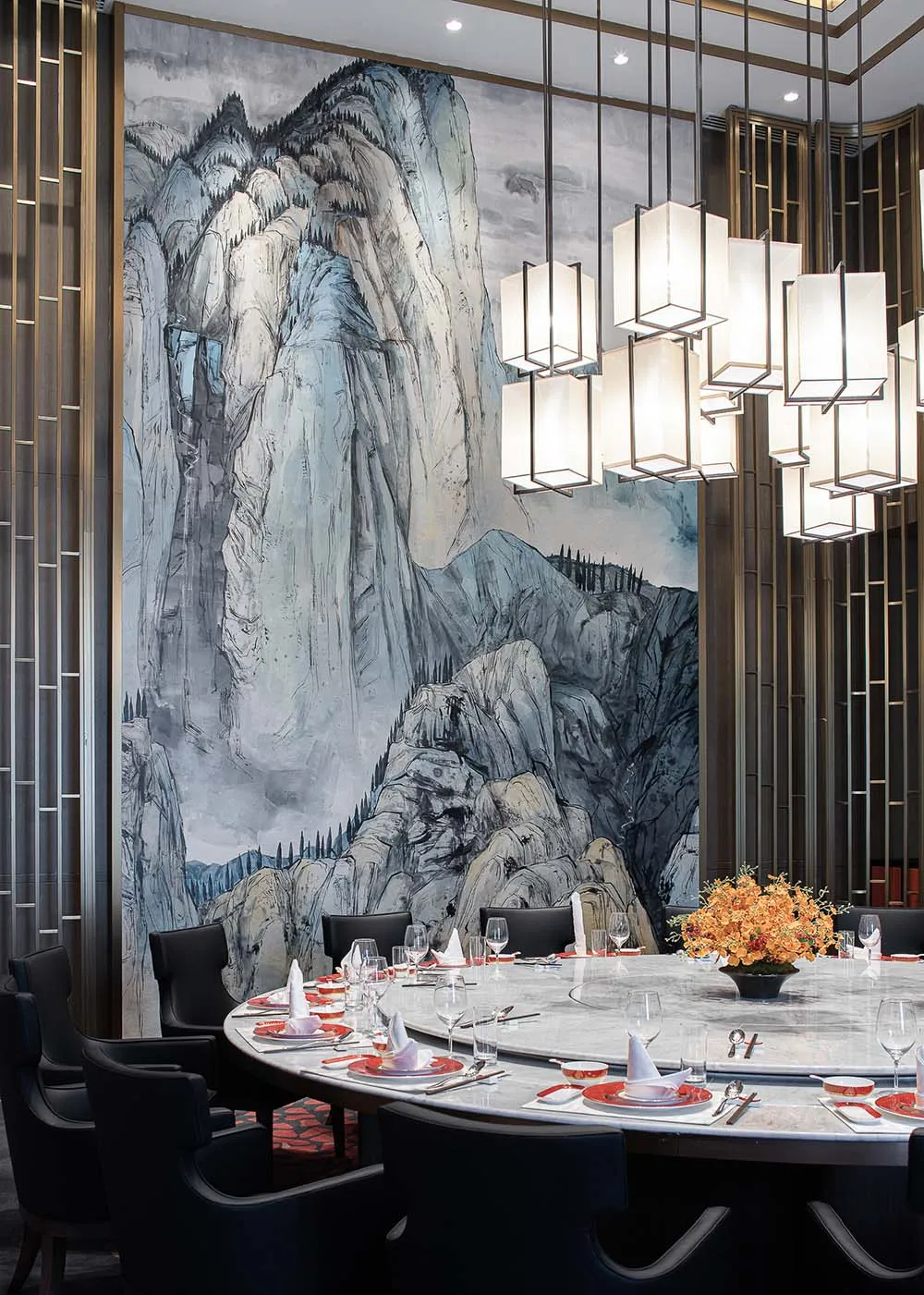 Modern restaurant interior featuring contemporary design elements and a Scandinavian aesthetic.