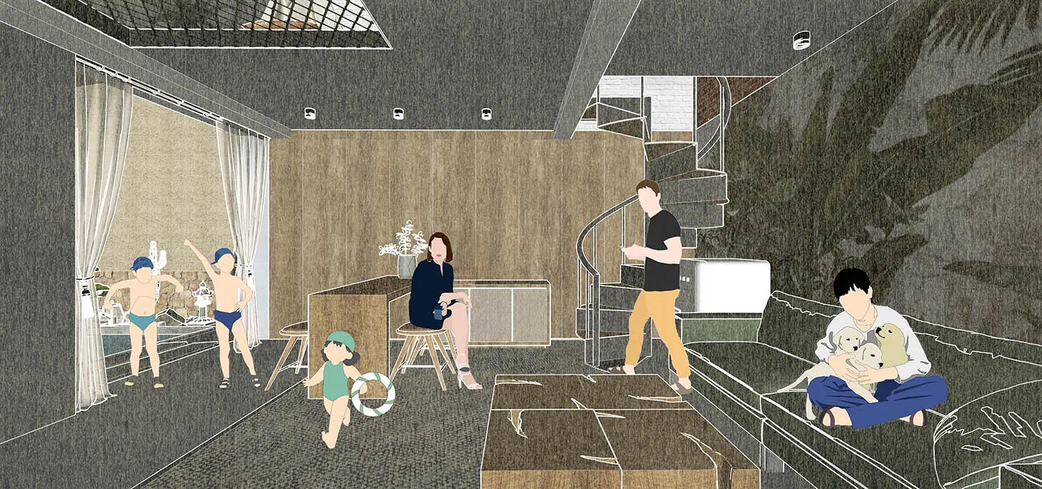 現代客廳搭配混凝土地板與木地板，設有螺旋樓梯與盆栽植物。