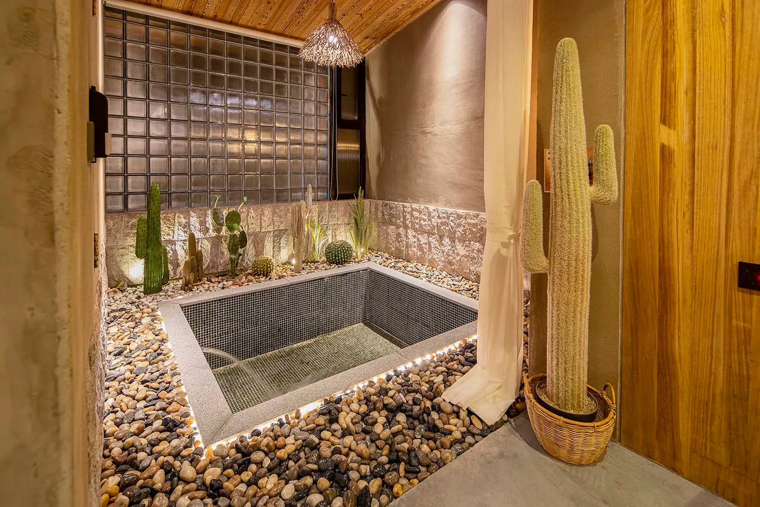 An elegant minimalist bathroom featuring stone tiles and a cactus plant.