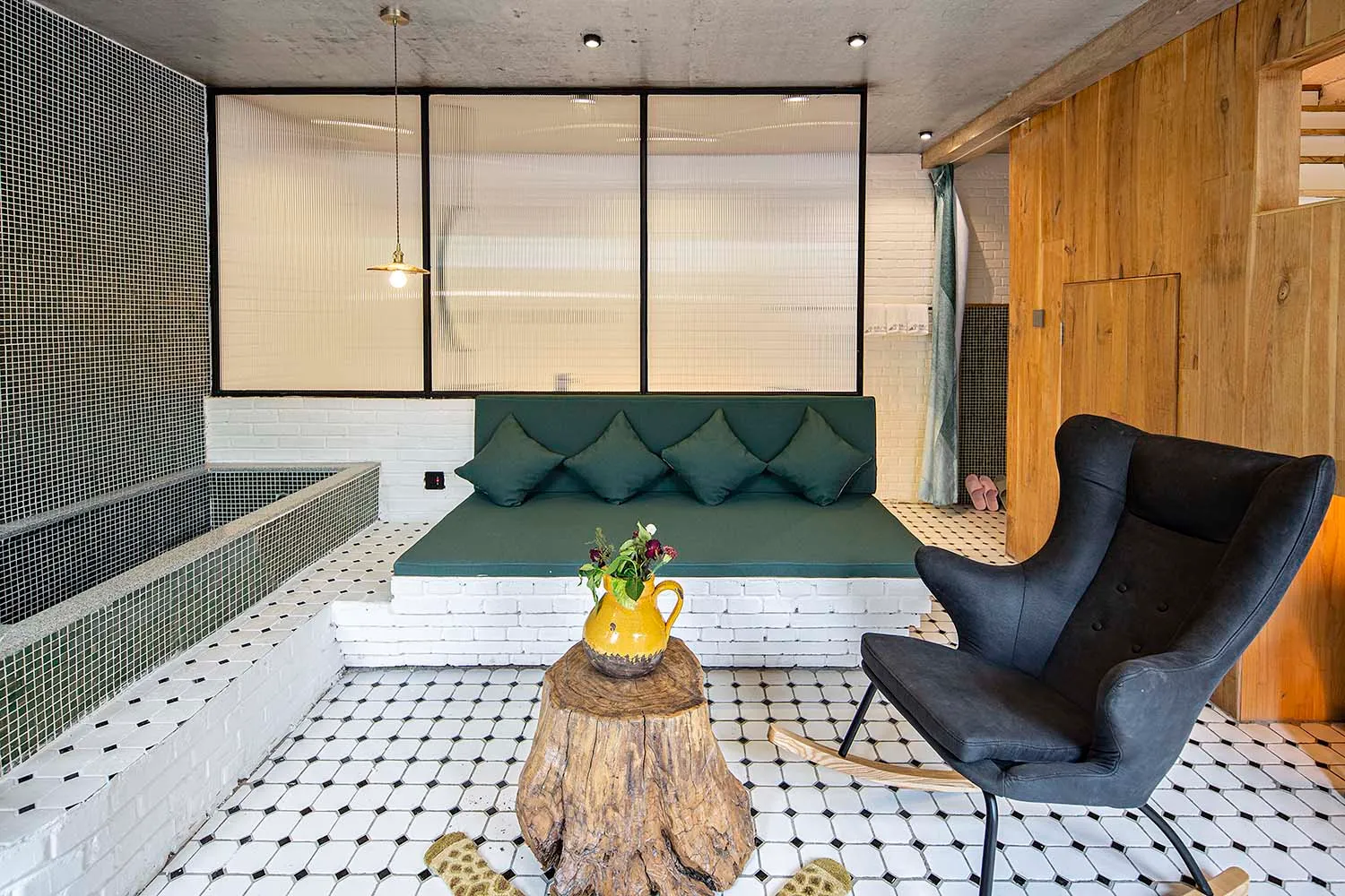 A modern interior with a focus on wood materials