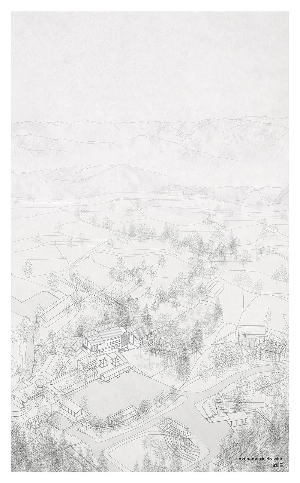 Landscape design depicted on paper, including mountains, trees, and buildings.
