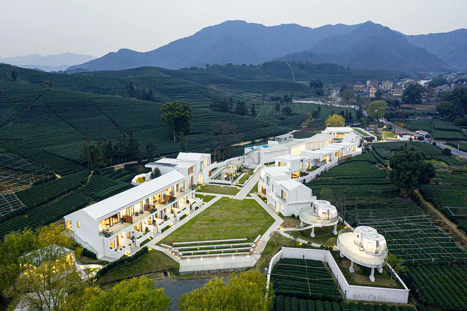 Aerial view of a modern residential white house surrounded by green tea fields and mountains.
