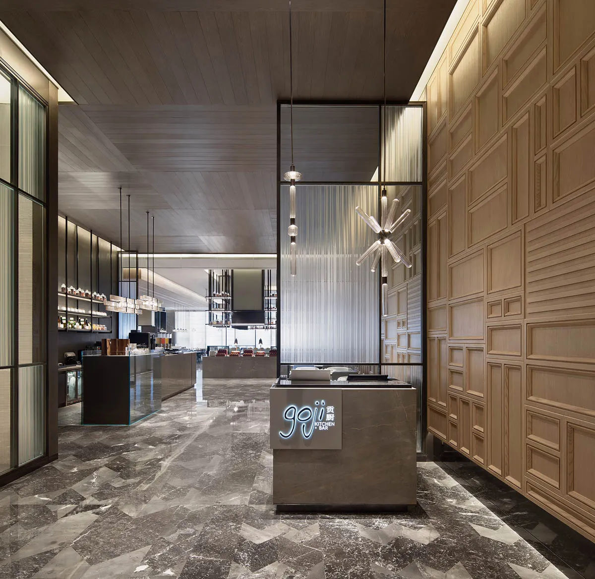 Modern restaurant interior with marble flooring and wood panel walls