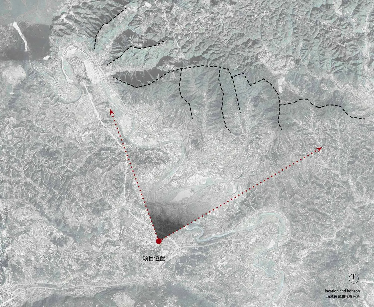Terrain layout analysis map showcasing elevation, rivers, and project location