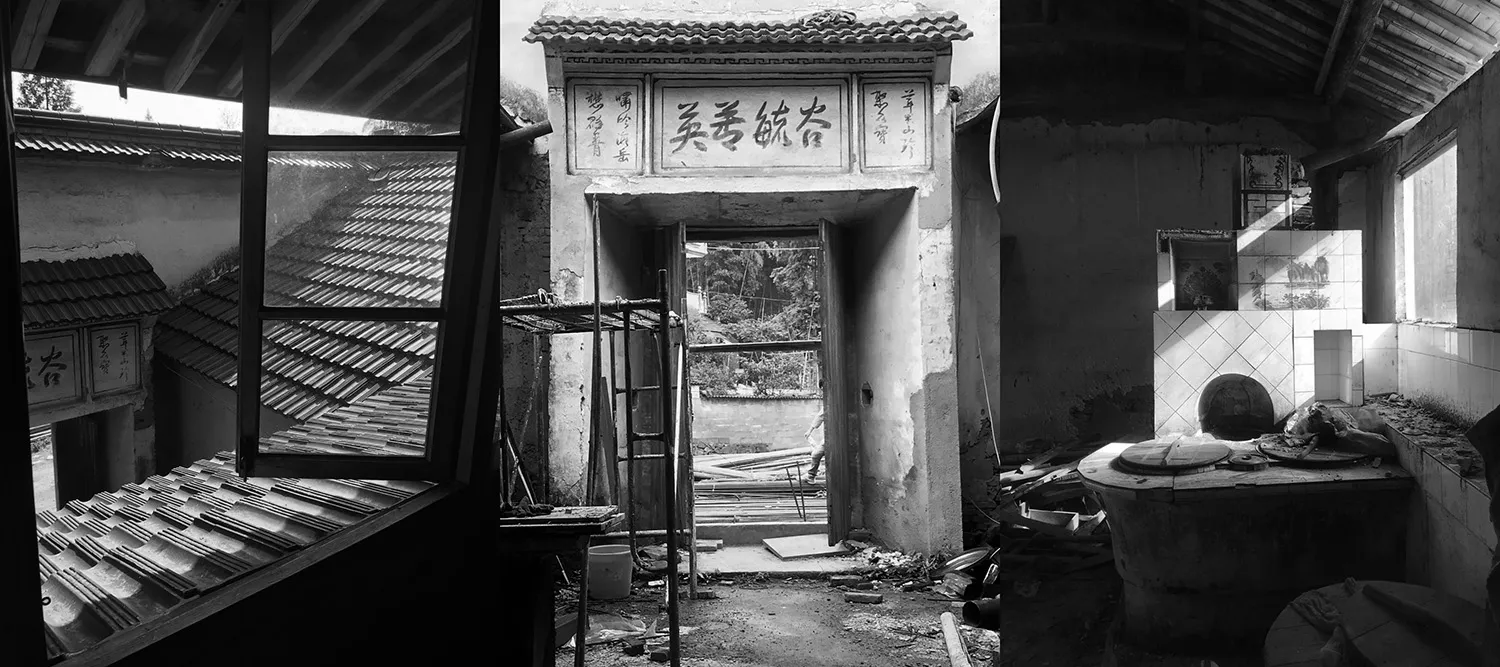 Abandoned rural house interior with concrete walls and wooden structures.
