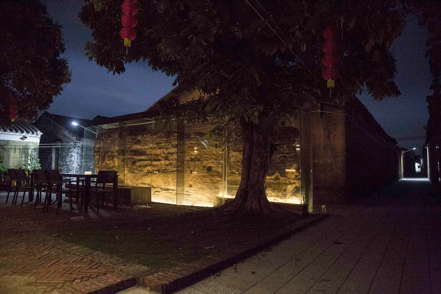 Concrete structures of an ancient village at night