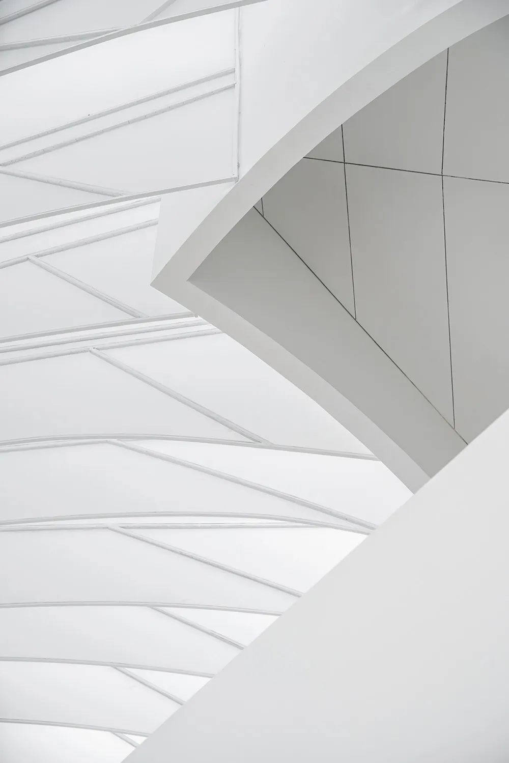 A modern architectural design featuring a white, abstract ceiling with geometric patterns and minimalistic lines.