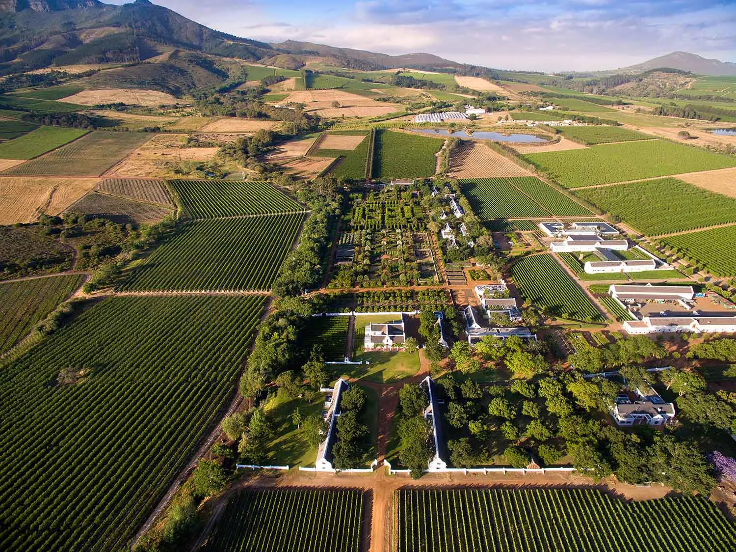 Aerial view of a farmhouse with lush green landscaping and surrounding fields.