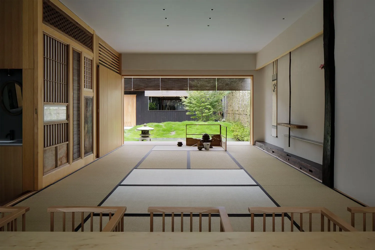 Contemporary-style living room with natural-fiber flooring and paper mats