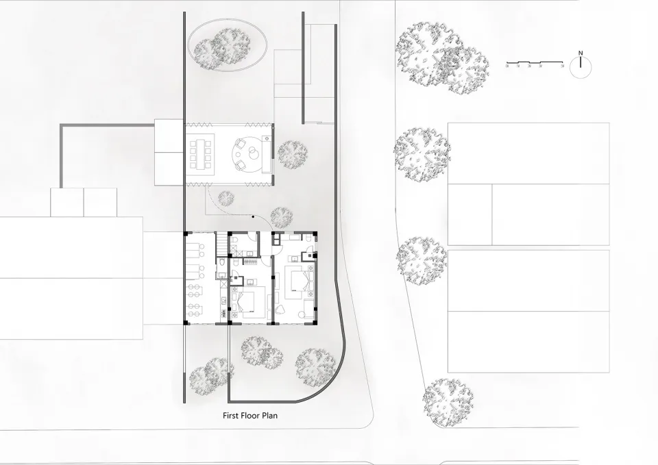 Floor plan of a modern contemporary living room with a wood floor, single-story layout, and a centrally located fireplace.