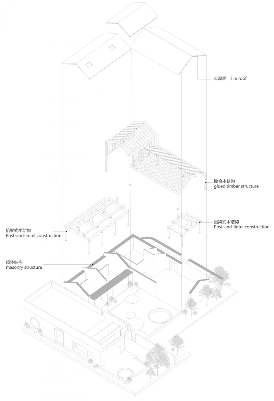 Modern wooden interior design with post-and-lintel construction, glued timber structure, and masonry structure.
