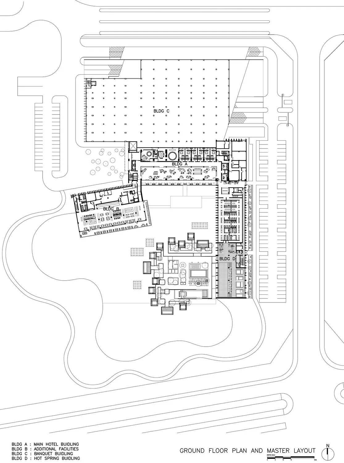 Ground floor plan and master layout of a hotel facility, showing building A, B, C, and D.