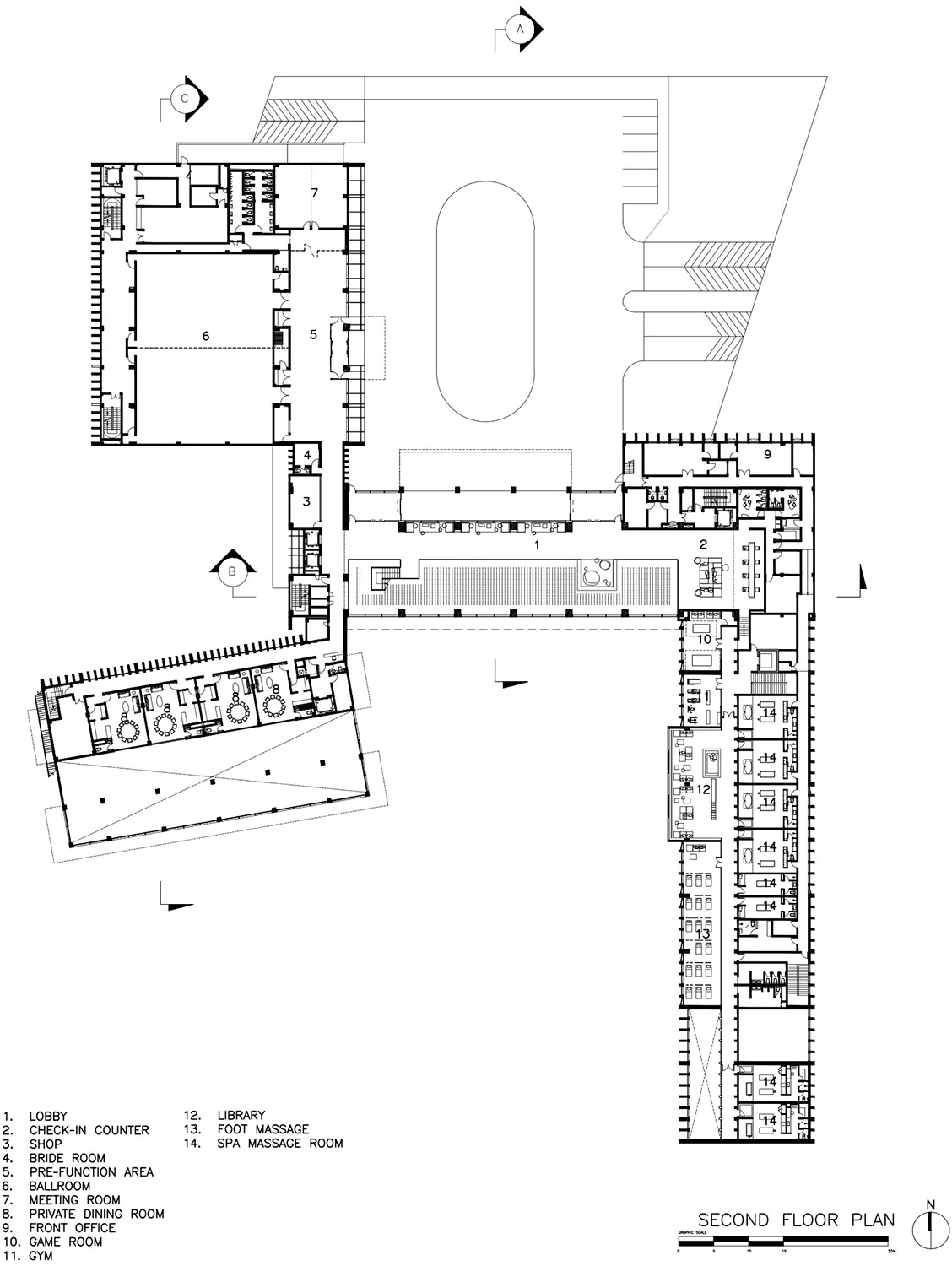 黑白建築圖,呈現飯店二樓的空間配置。