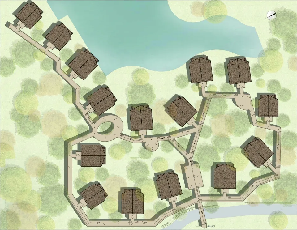 現代住宅建築平面圖,展示傳統木質屋頂結構環繞中央庭院
