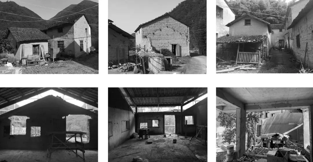 Photographs of rural houses with concrete walls and wooden structures.