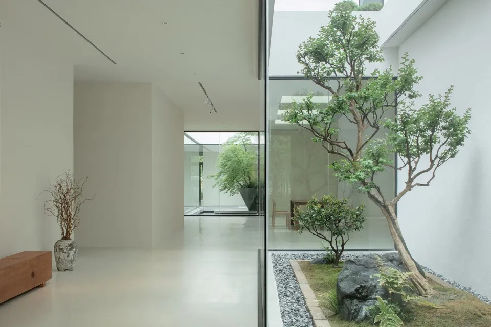 現代極簡住宅室內，玻璃牆面、混凝土地板與盆栽綠意。