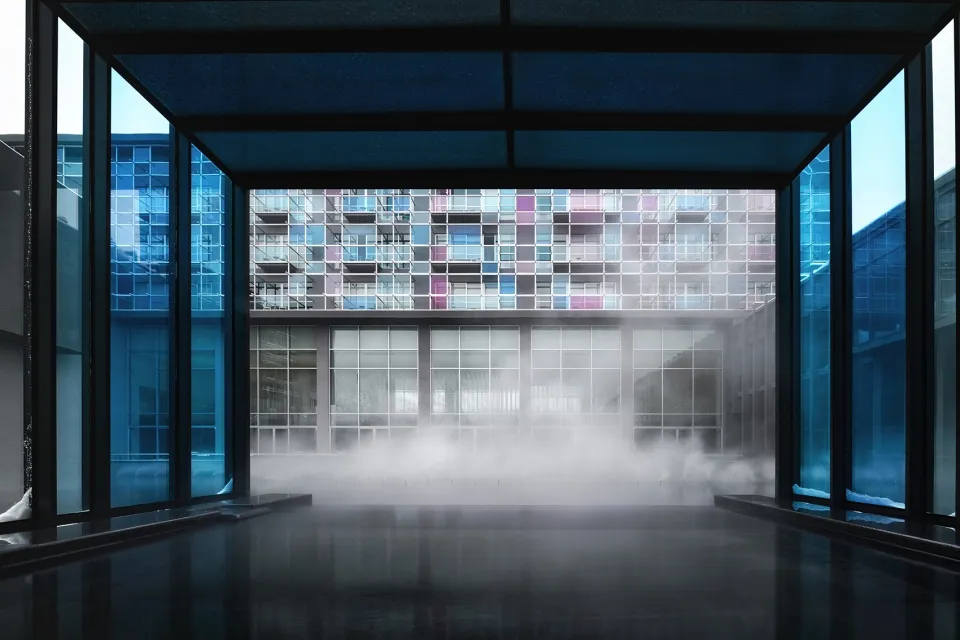 Modern interior design featuring glass walls.