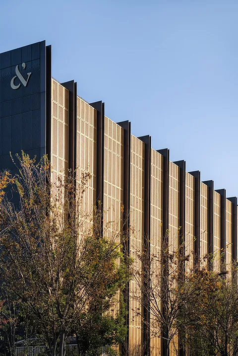 現代建築立面在陽光下展現垂直金屬板材。