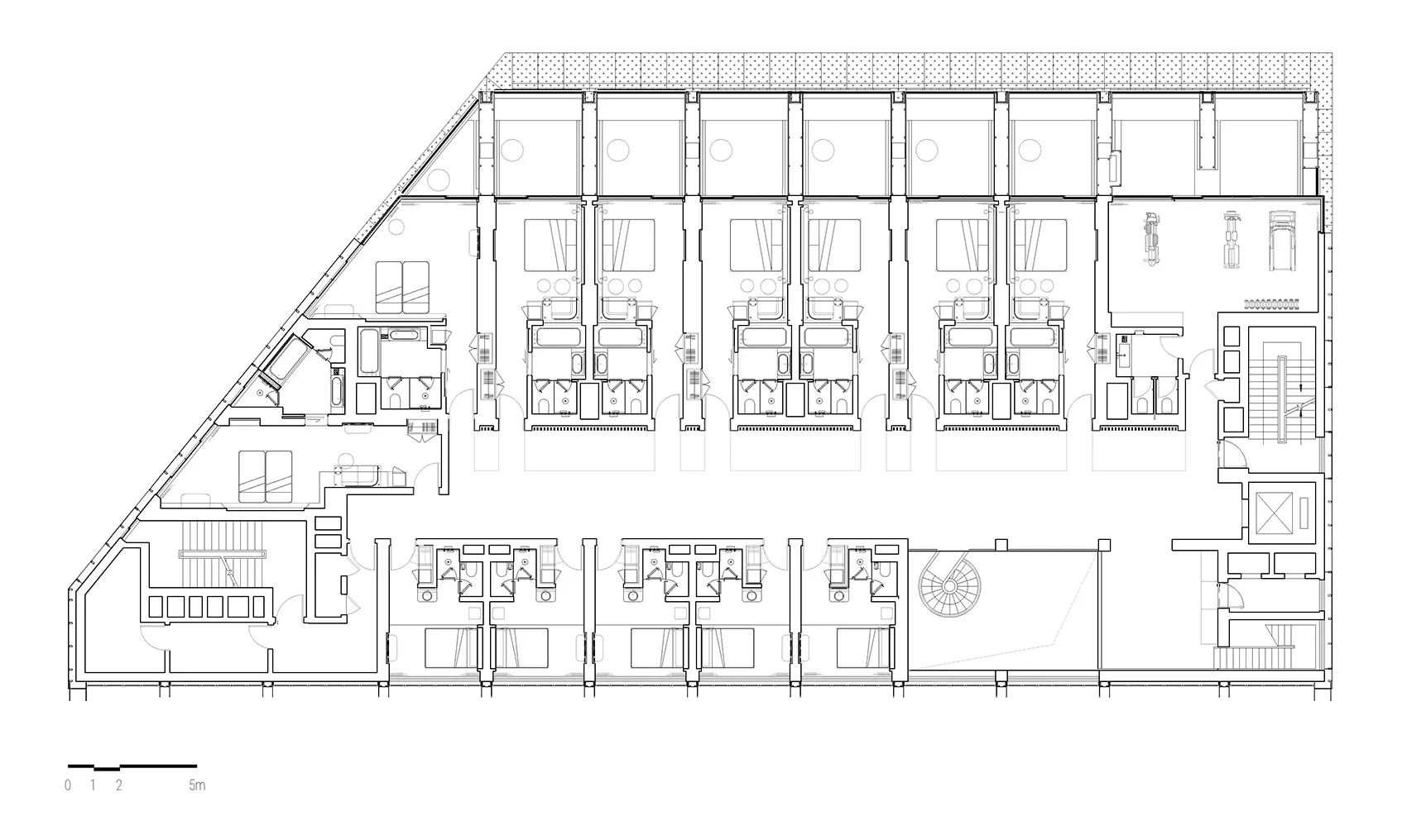 以石墨在紙上繪製的辦公室平面圖 2D 建築圖面。