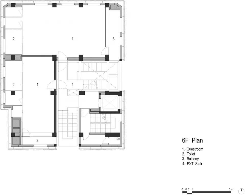 A detailed architectural floor plan for the 6th floor of a building, showing guestrooms, toilets, balconies, and external sta