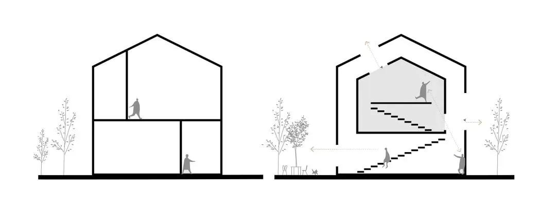 一張雙層住宅設計的建築圖，展示樓層配置與結構細節。