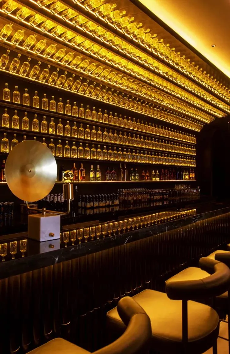 A sleek, modern bar with metallic glass shelves displaying a vast collection of alcohol bottles.