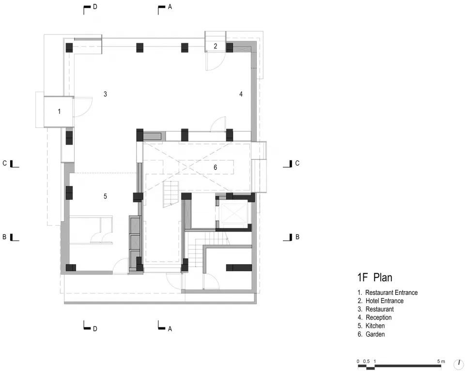 1F Plan of a hotel restaurant layout with numbered labels and axis directions