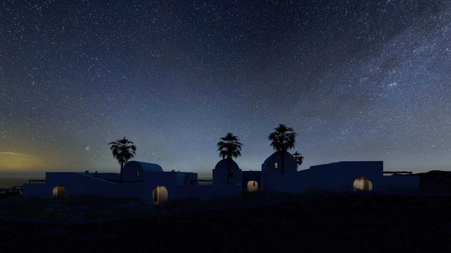 站在山丘上俯瞰星空,一座現代度假別墅以混凝土拱門引領賓客走向茂盛的棕櫚樹