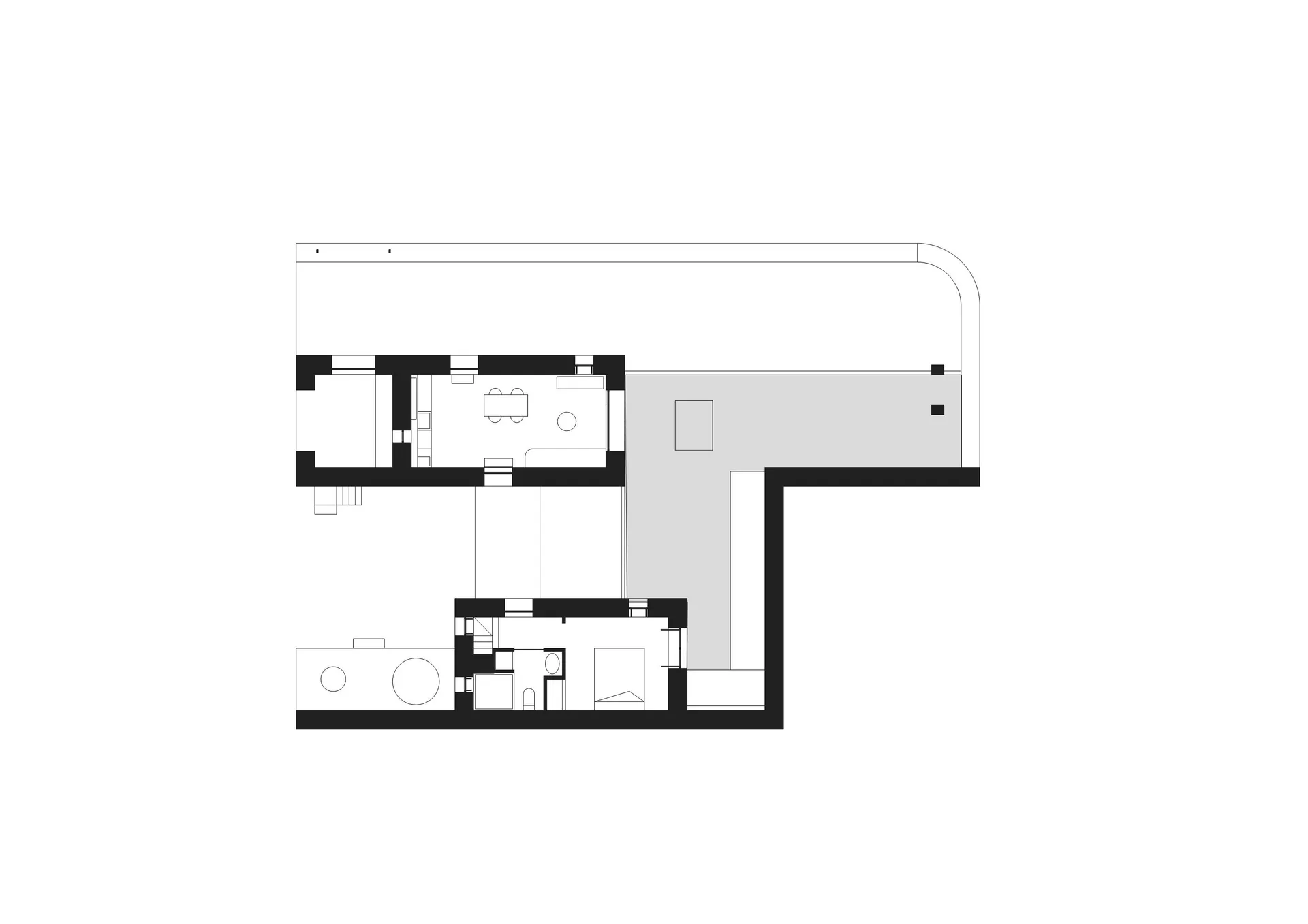 Linear floor plan drawing in black and white