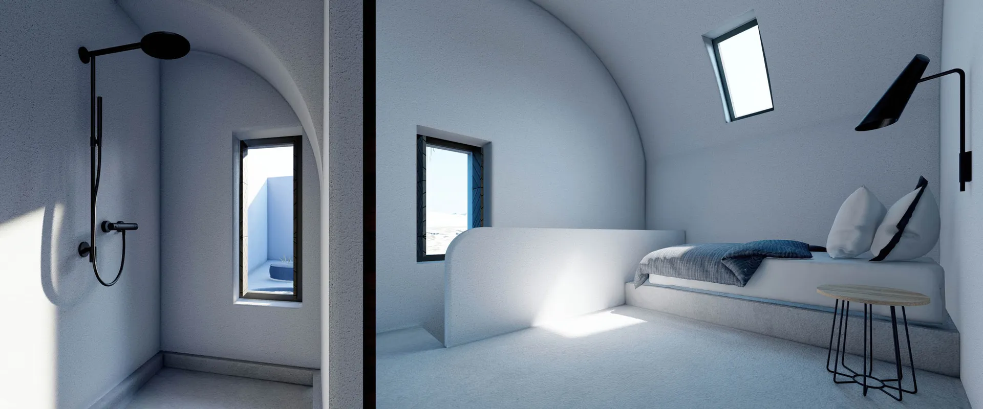 A minimalist bedroom featuring concrete, glass, and metal elements.