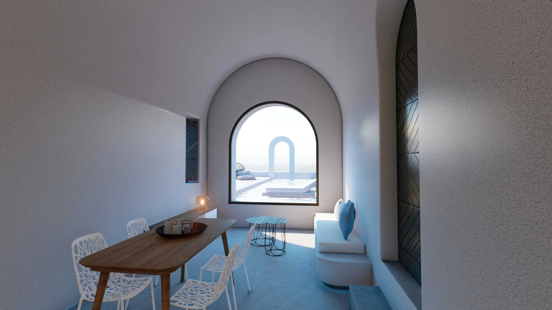Modern minimalist living room featuring concrete walls and a large curved window.