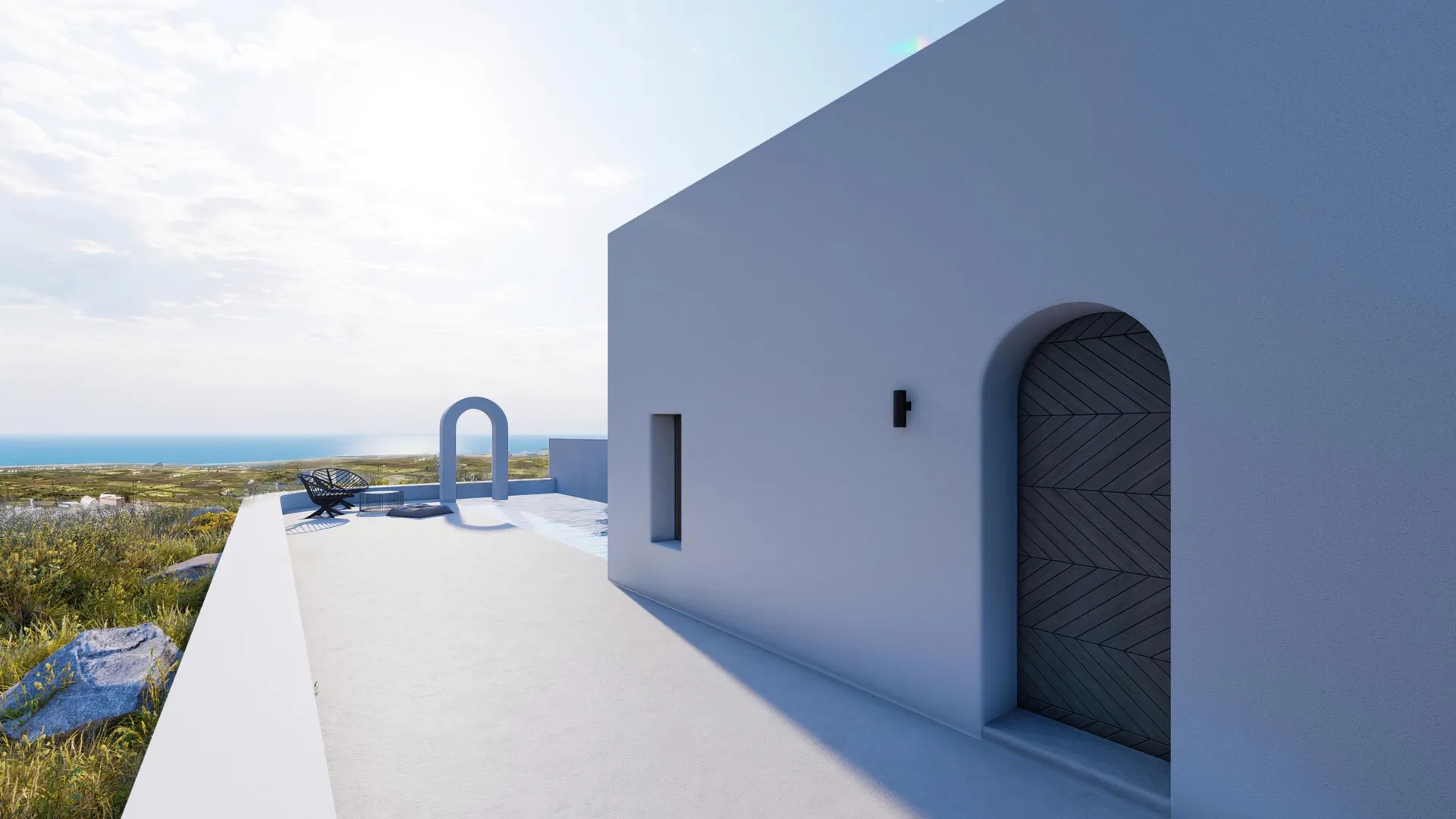A minimalist architecture with concrete walls and a stunning view of the landscape.