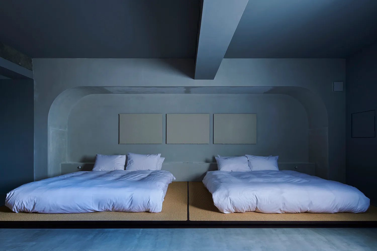 Two minimalist beds in a residential spa setting, featuring concrete flooring.