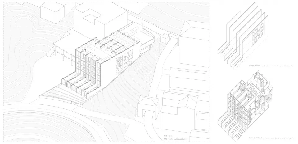 A modern building depicted in an isometric wireframe view, showing structural and spatial relationships.