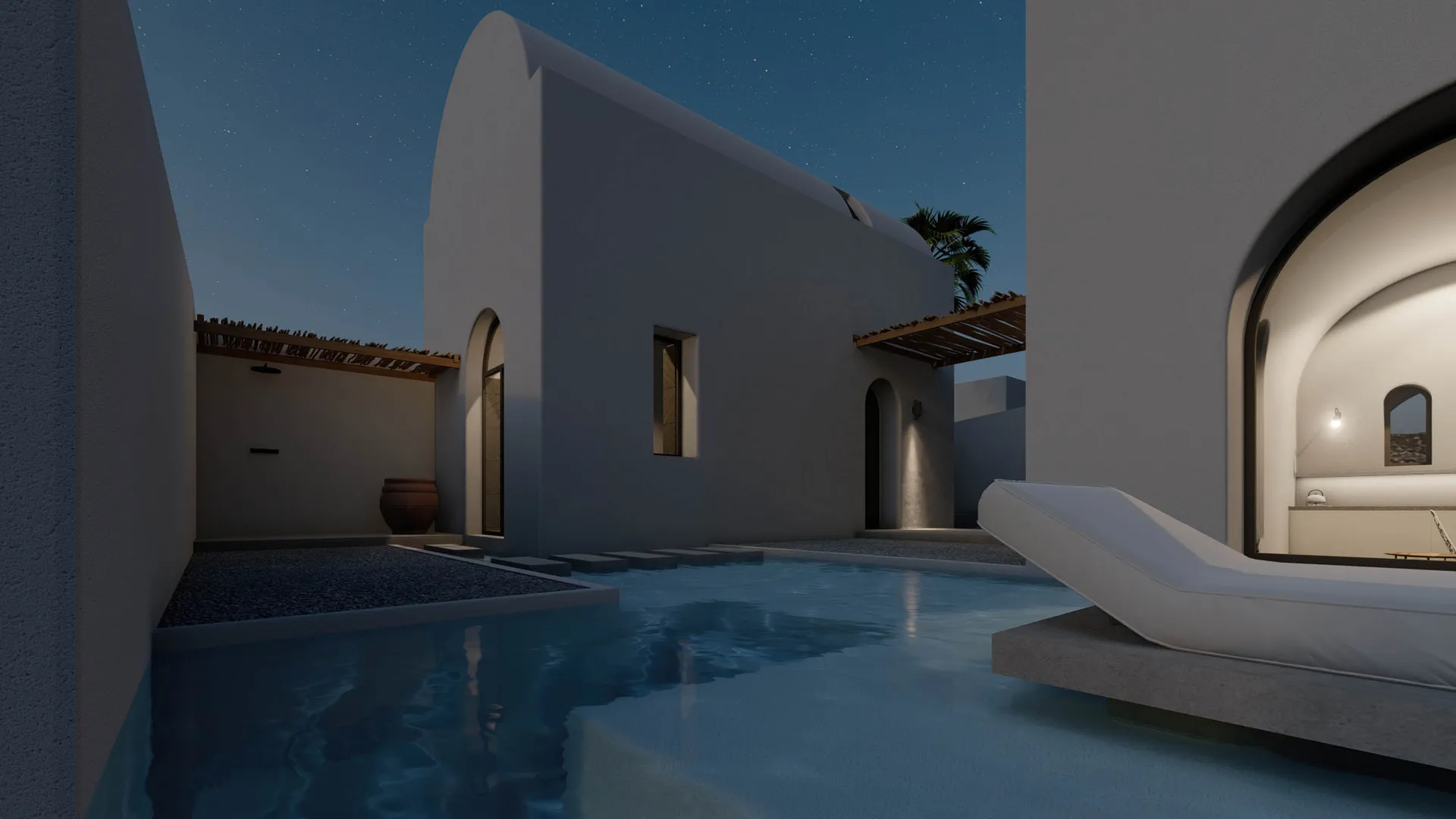 A modern residential exterior with a concrete pool and arches.
