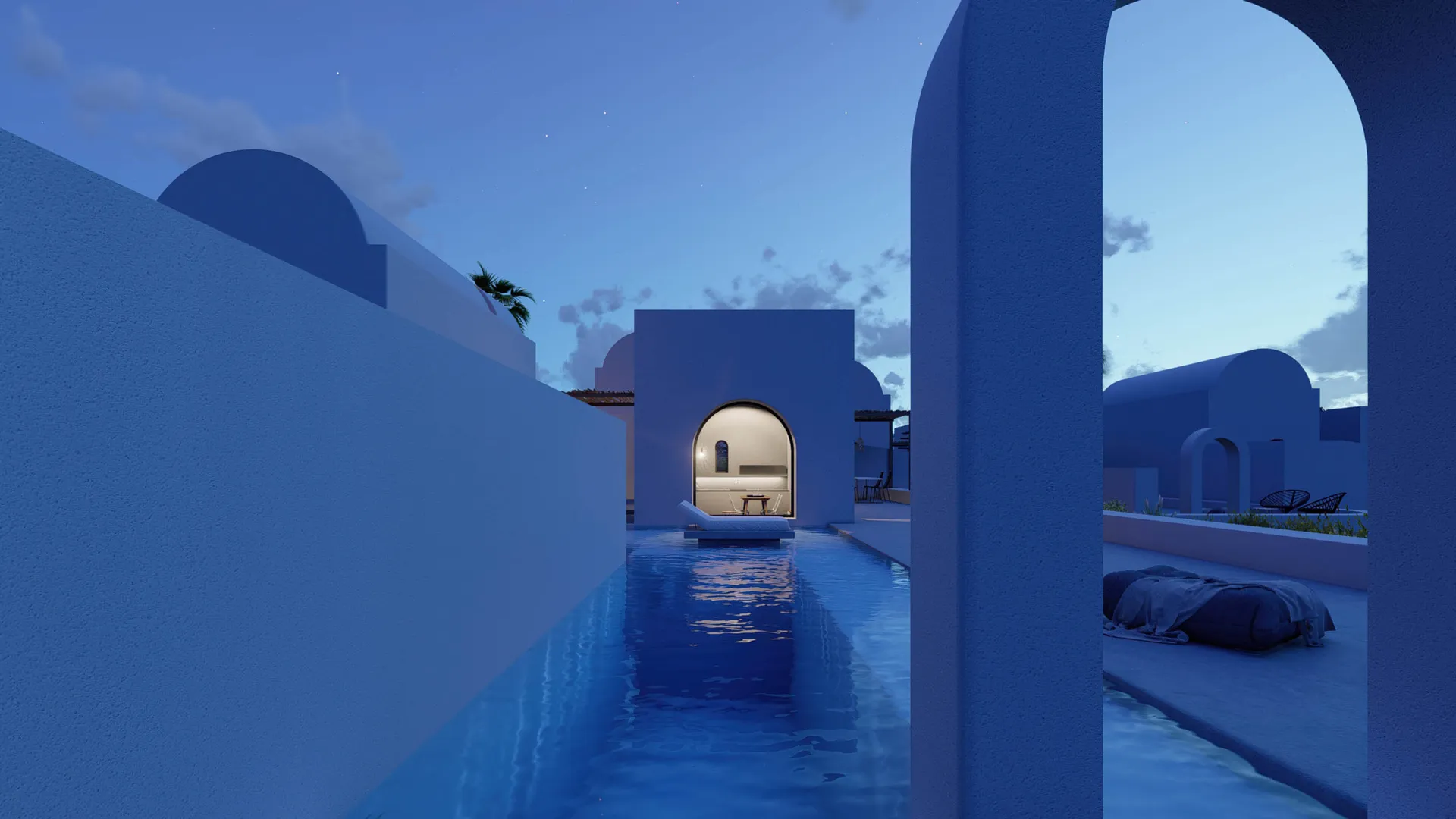A modern residential exterior featuring a concrete structure and a swimming pool at dusk with a starry sky.