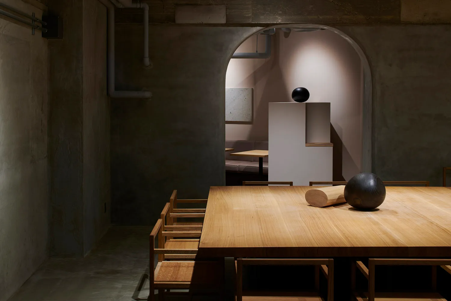 Modern restaurant interior with wooden furniture