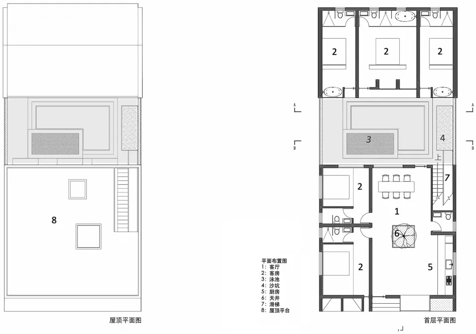兩層樓建築的屋頂與一樓平面配置圖。