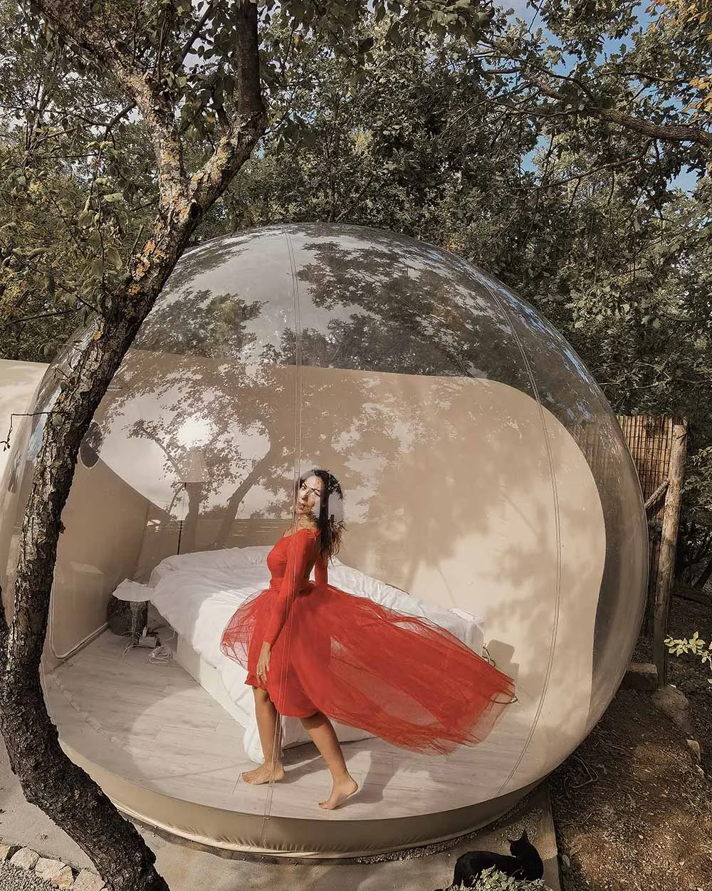 A person wearing a red dress stands inside a transparent, inflatable dome tent surrounded by trees.