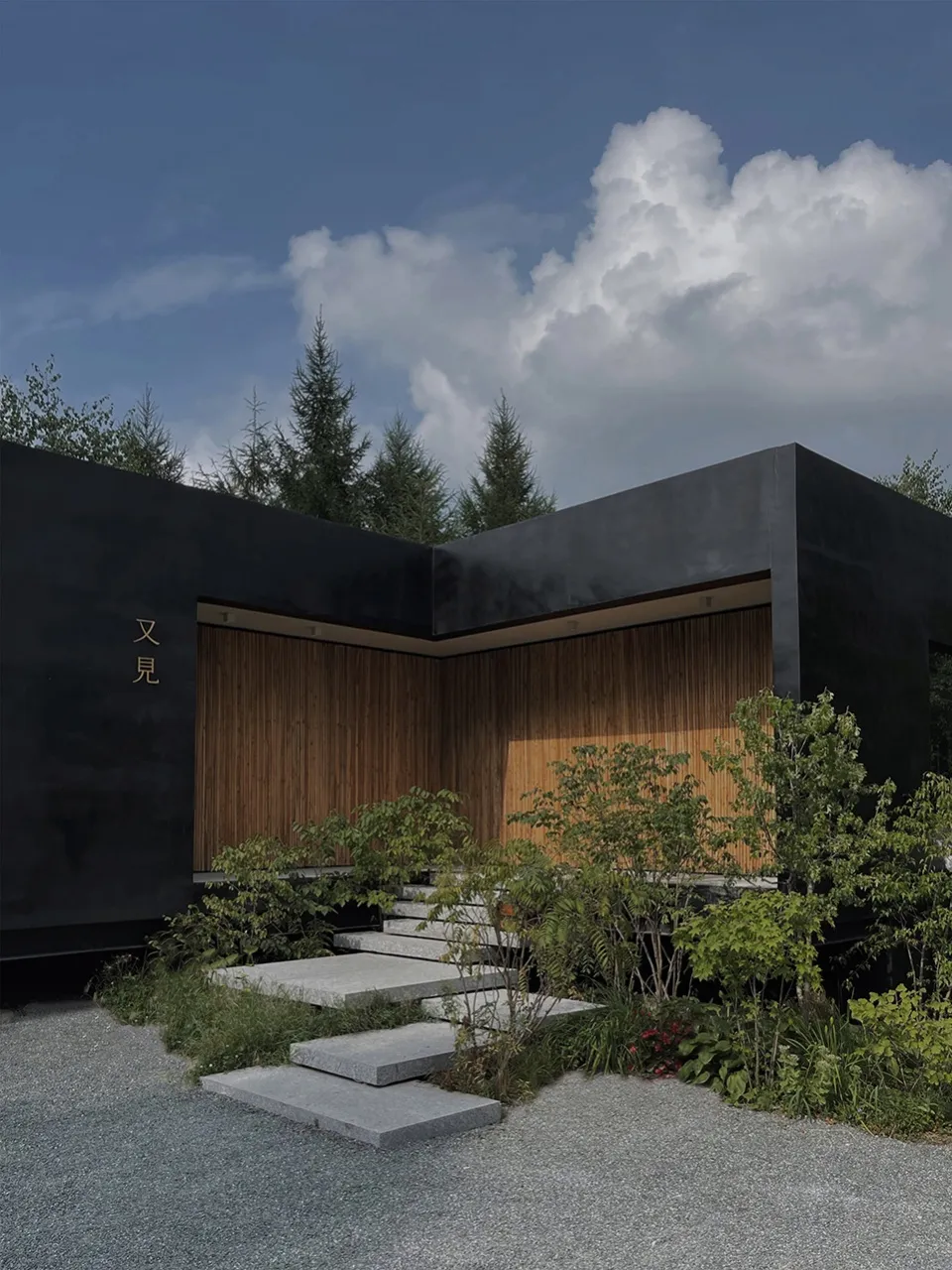 A modern minimalist house featuring black walls, wooden paneling, and concrete steps leading up to it.