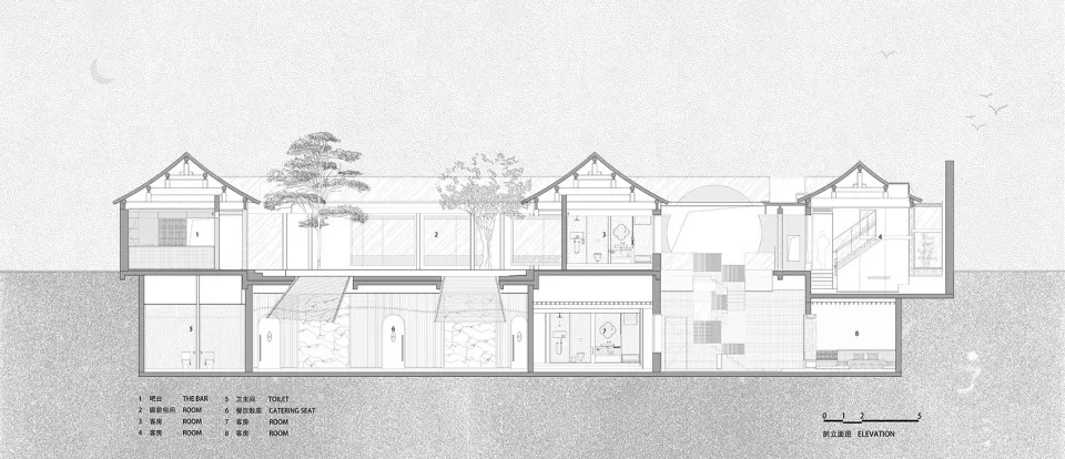 傳統住宅格局的詳細2D建築圖,展示木質元素與水平立面視圖